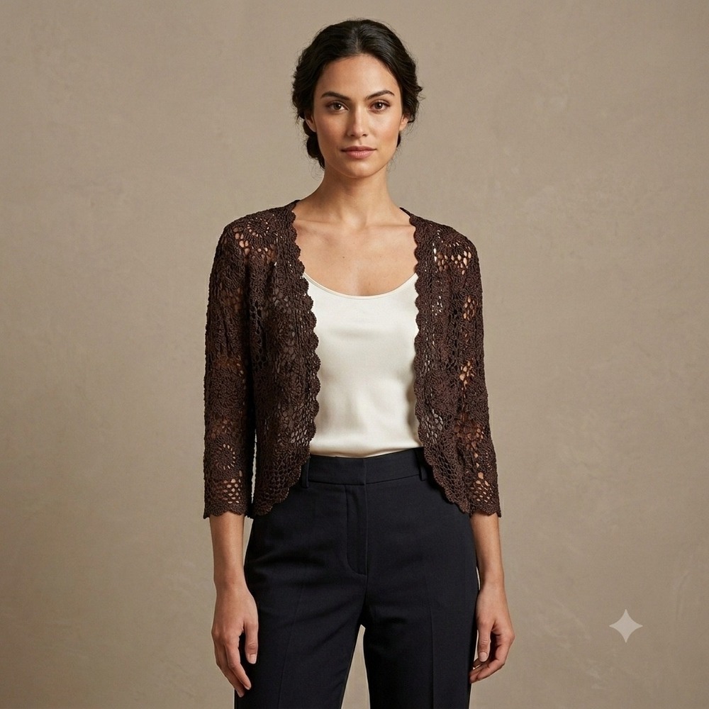 Joseph A Crochet Cardigan Women L Brown Open Knit Shrug Boho Cottagecore Femenin